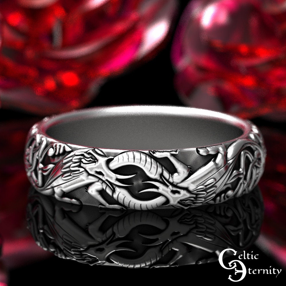 Norse Dragon Ring, Sterling Celtic Dragon Wedding Band, Womens Dragon Ring, Entwined Dragons Ring, Silver Viking Dragon Ring, 1803