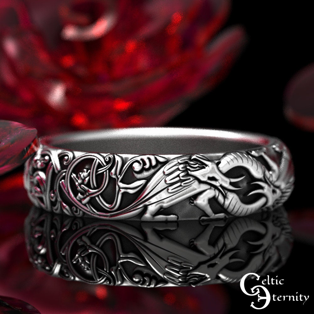 Norse Dragon Ring, Sterling Celtic Dragon Wedding Band, Womens Dragon Ring, Entwined Dragons Ring, Silver Viking Dragon Ring, 1803