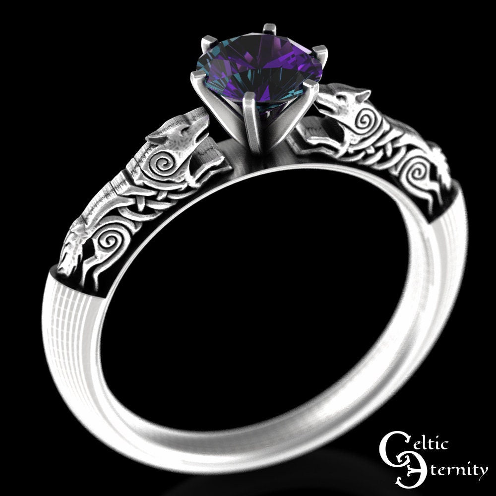 Alexandrite Engagement Ring, Sterling Alexandrite Celtic Ring, Celtic Alexandrite Wedding Ring, Alexandrite Solitaire, Wolf Engagement,1801