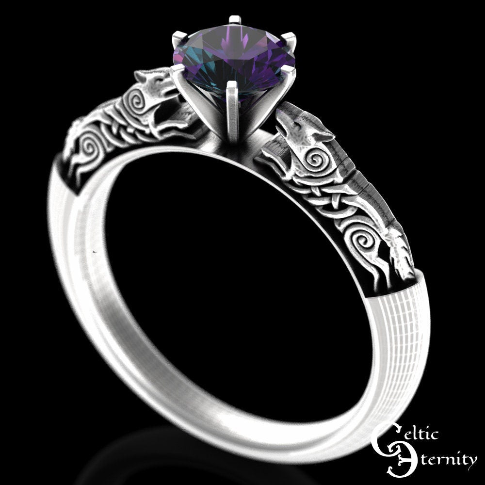 Alexandrite Engagement Ring, Sterling Alexandrite Celtic Ring, Celtic Alexandrite Wedding Ring, Alexandrite Solitaire, Wolf Engagement,1801
