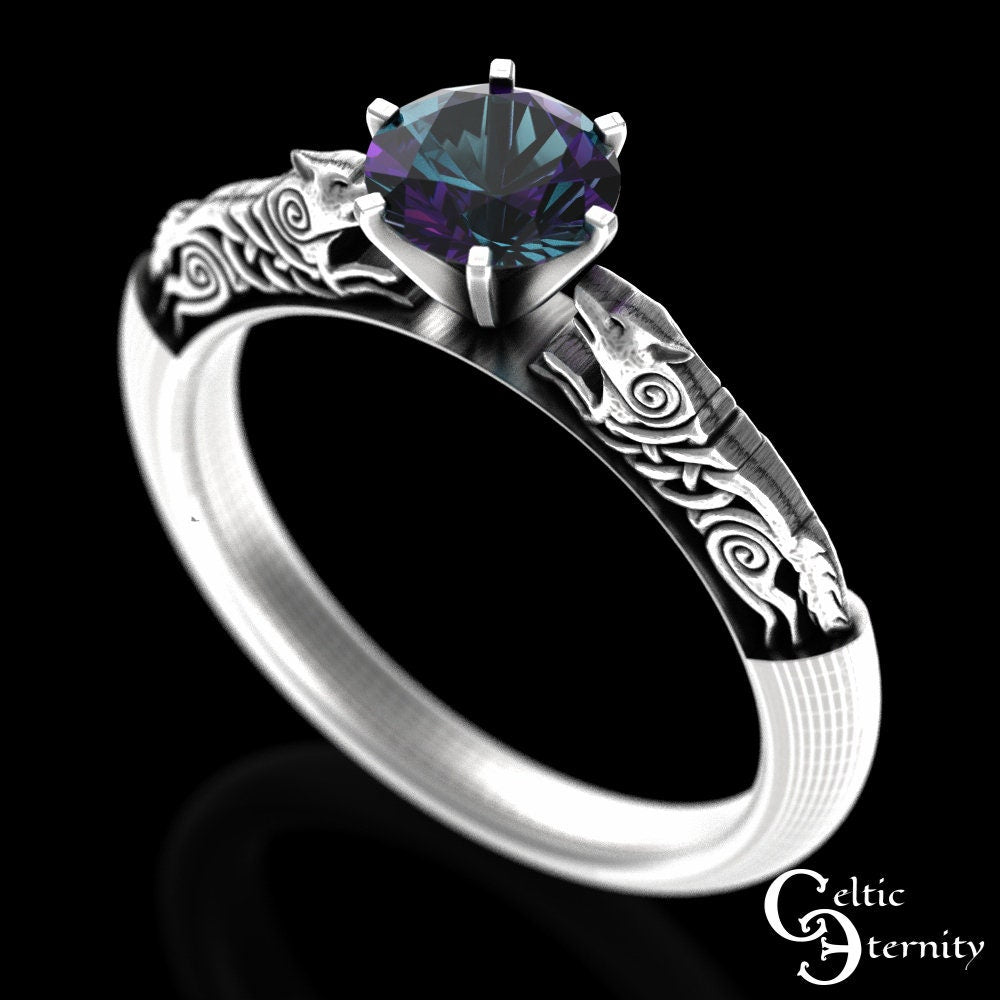Alexandrite Engagement Ring, Sterling Alexandrite Celtic Ring, Celtic Alexandrite Wedding Ring, Alexandrite Solitaire, Wolf Engagement,1801