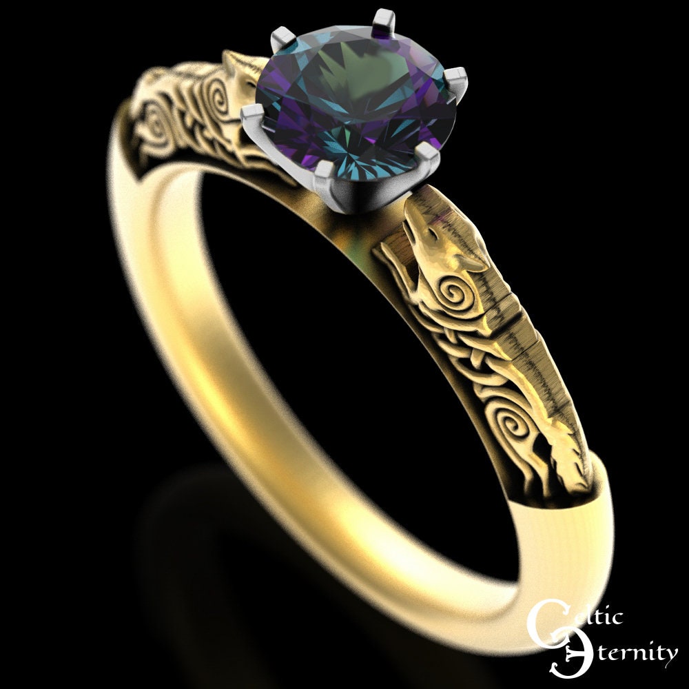 Alexandrite Engagement Ring, Sterling Alexandrite Celtic Ring, Celtic Alexandrite Wedding Ring, Alexandrite Solitaire, Wolf Engagement,1801