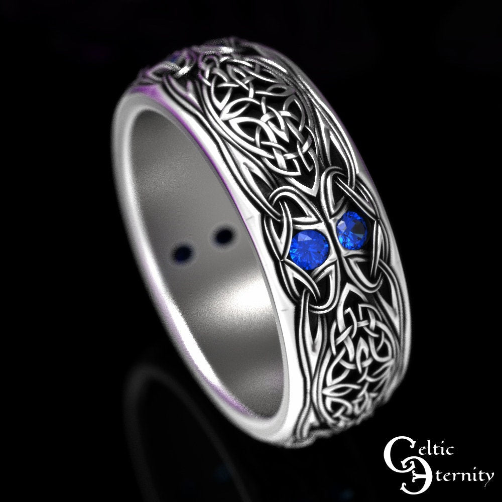 Mens Sapphire Knotwork Ring, Mens Sterling Silver Wedding Band, Sapphire Celtic Wedding Band, Sapphire Trinity Knot Ring, 1804