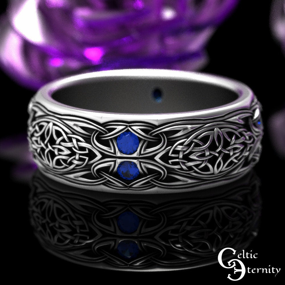 Mens Sapphire Knotwork Ring, Mens Sterling Silver Wedding Band, Sapphire Celtic Wedding Band, Sapphire Trinity Knot Ring, 1804