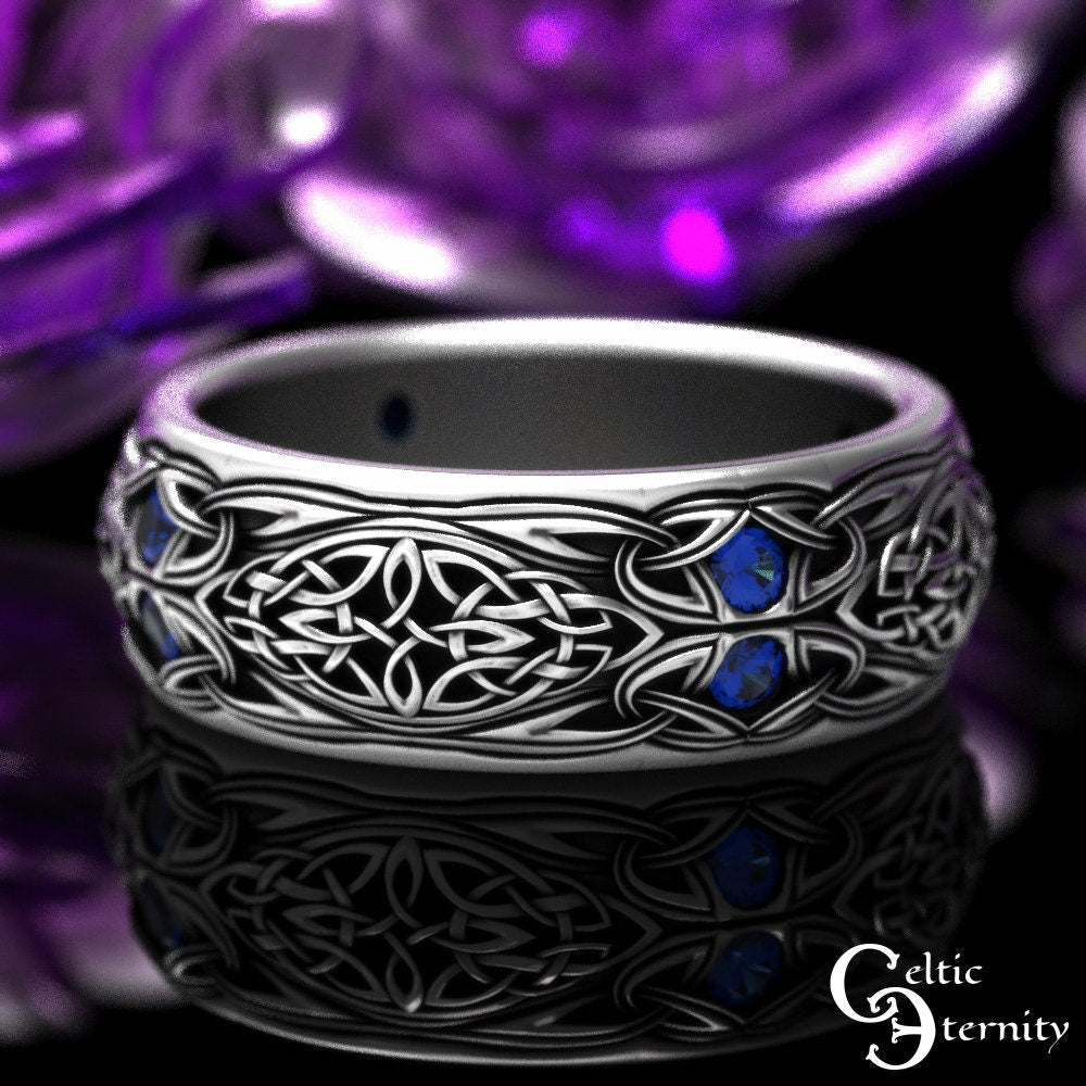 Mens Sapphire Knotwork Ring, Mens Sterling Silver Wedding Band, Sapphire Celtic Wedding Band, Sapphire Trinity Knot Ring, 1804