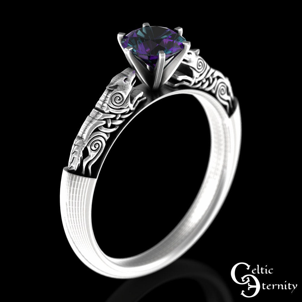 Alexandrite Engagement Ring, Sterling Alexandrite Celtic Ring, Celtic Alexandrite Wedding Ring, Alexandrite Solitaire, Wolf Engagement,1801