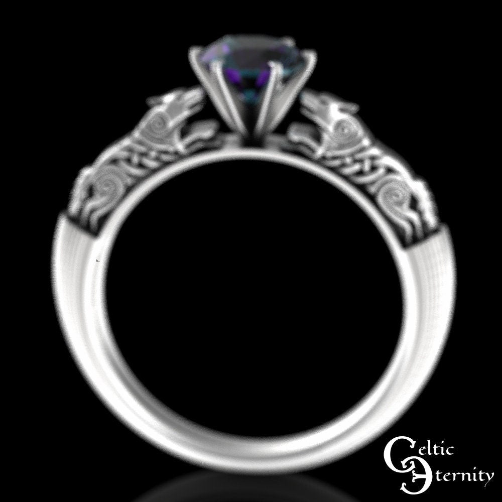 Alexandrite Engagement Ring, Sterling Alexandrite Celtic Ring, Celtic Alexandrite Wedding Ring, Alexandrite Solitaire, Wolf Engagement,1801
