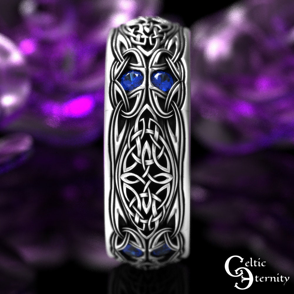 Mens Sapphire Knotwork Ring, Mens Sterling Silver Wedding Band, Sapphire Celtic Wedding Band, Sapphire Trinity Knot Ring, 1804