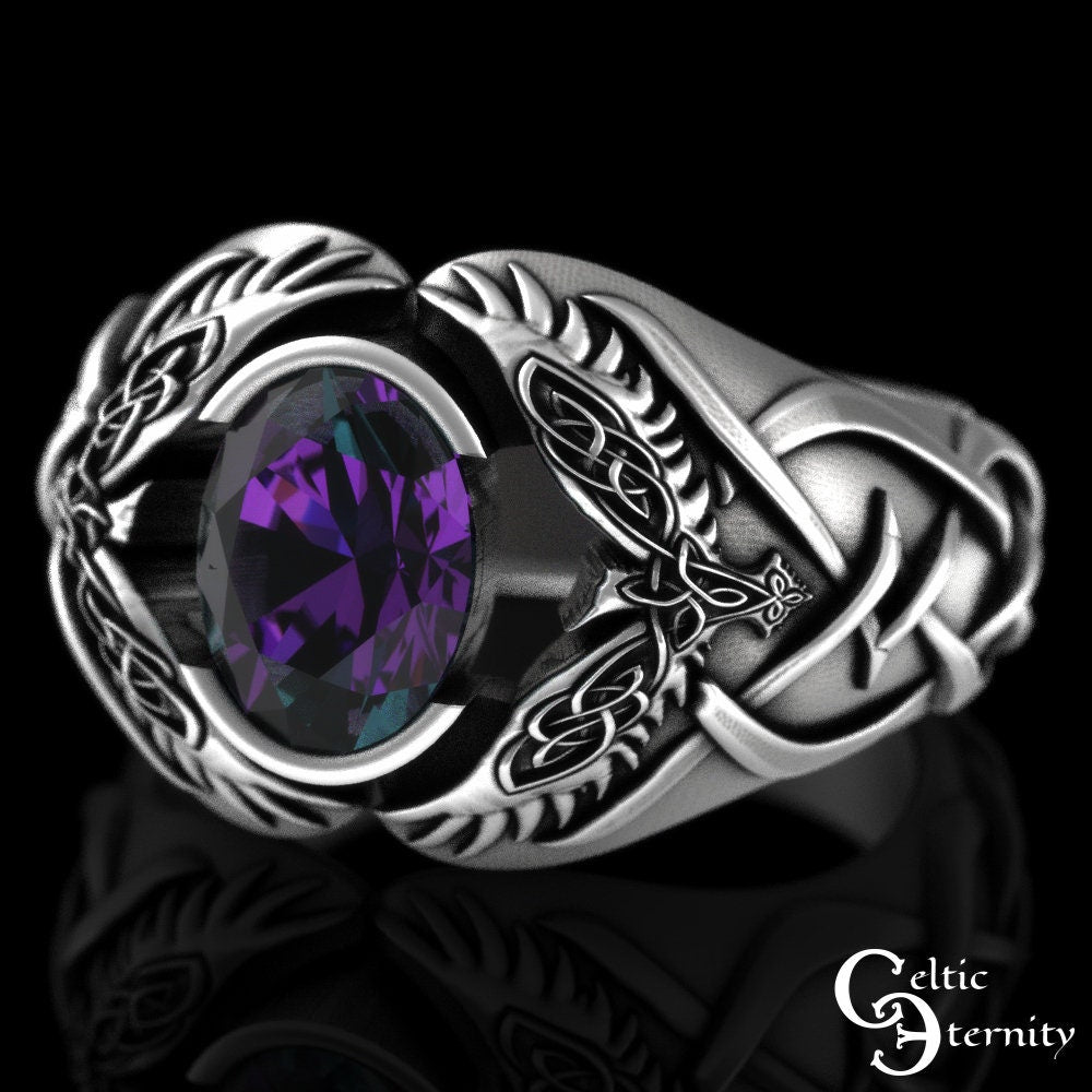 Sterling Viking Raven Ring, Alexandrite Mens Ring, Odin Raven Ring, Men Viking Ring, Celtic Wedding Band, Alexandrite Statement Ring, 1477