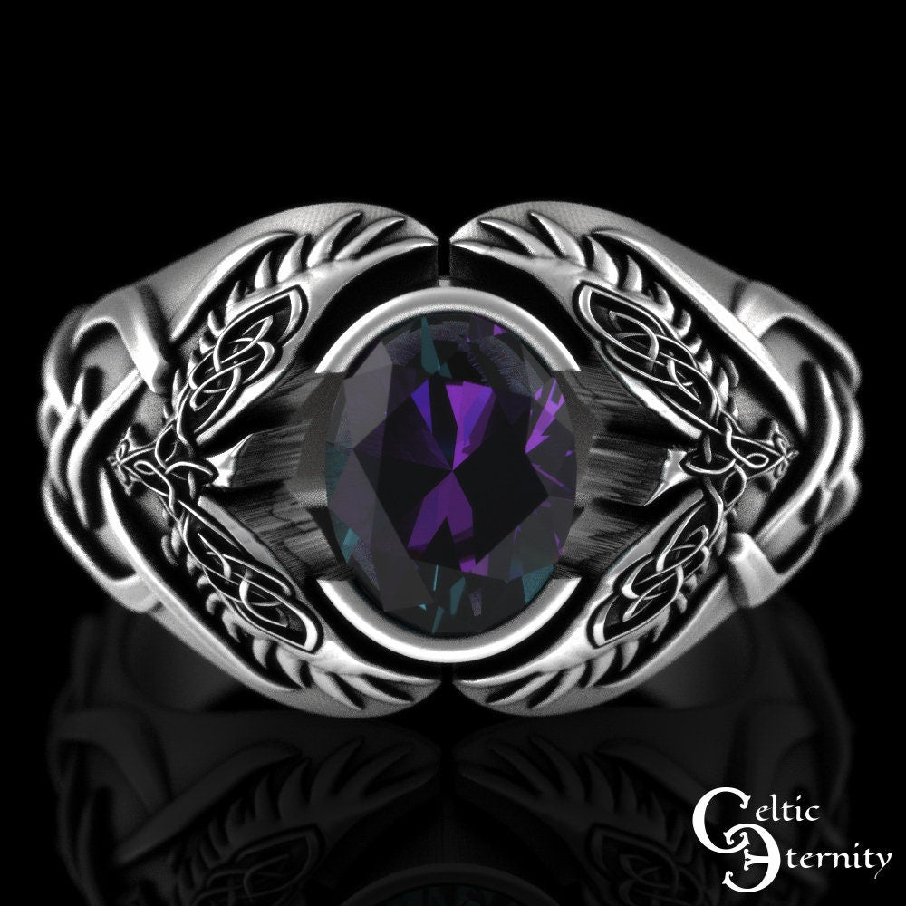 Sterling Viking Raven Ring, Alexandrite Mens Ring, Odin Raven Ring, Men Viking Ring, Celtic Wedding Band, Alexandrite Statement Ring, 1477