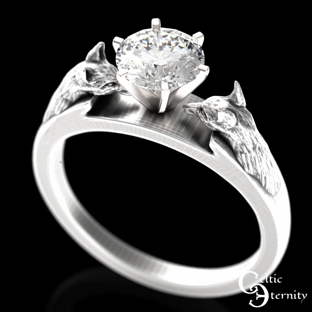 Sterling Fox Engagement Ring, Moissanite Engagement Ring, Womens Fox Wedding Ring, Silver Fox Engagement, Fox Solitaire Ring, 1802