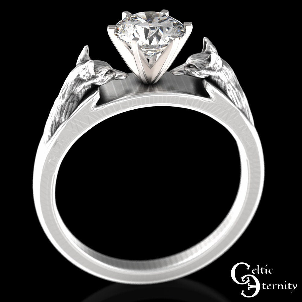 Sterling Fox Engagement Ring, Moissanite Engagement Ring, Womens Fox Wedding Ring, Silver Fox Engagement, Fox Solitaire Ring, 1802