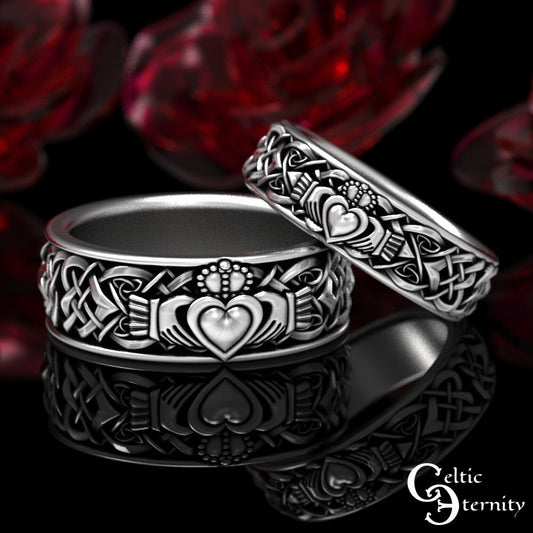 Sterling Silver Claddagh Ring Set, His Hers Claddagh Set, Matching Irish Heart Rings, Irish Wedding Band Set, Silver Claddagh, 1890 1891