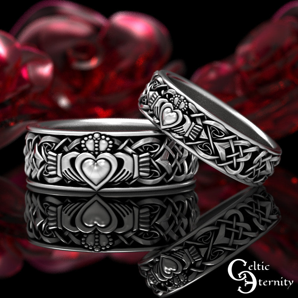 Sterling Silver Claddagh Ring Set, His Hers Claddagh Set, Matching Irish Heart Rings, Irish Wedding Band Set, Silver Claddagh, 1890 1891