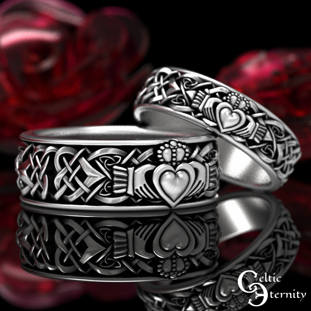 Sterling Silver Claddagh Ring Set, His Hers Claddagh Set, Matching Irish Heart Rings, Irish Wedding Band Set, Silver Claddagh, 1890 1891