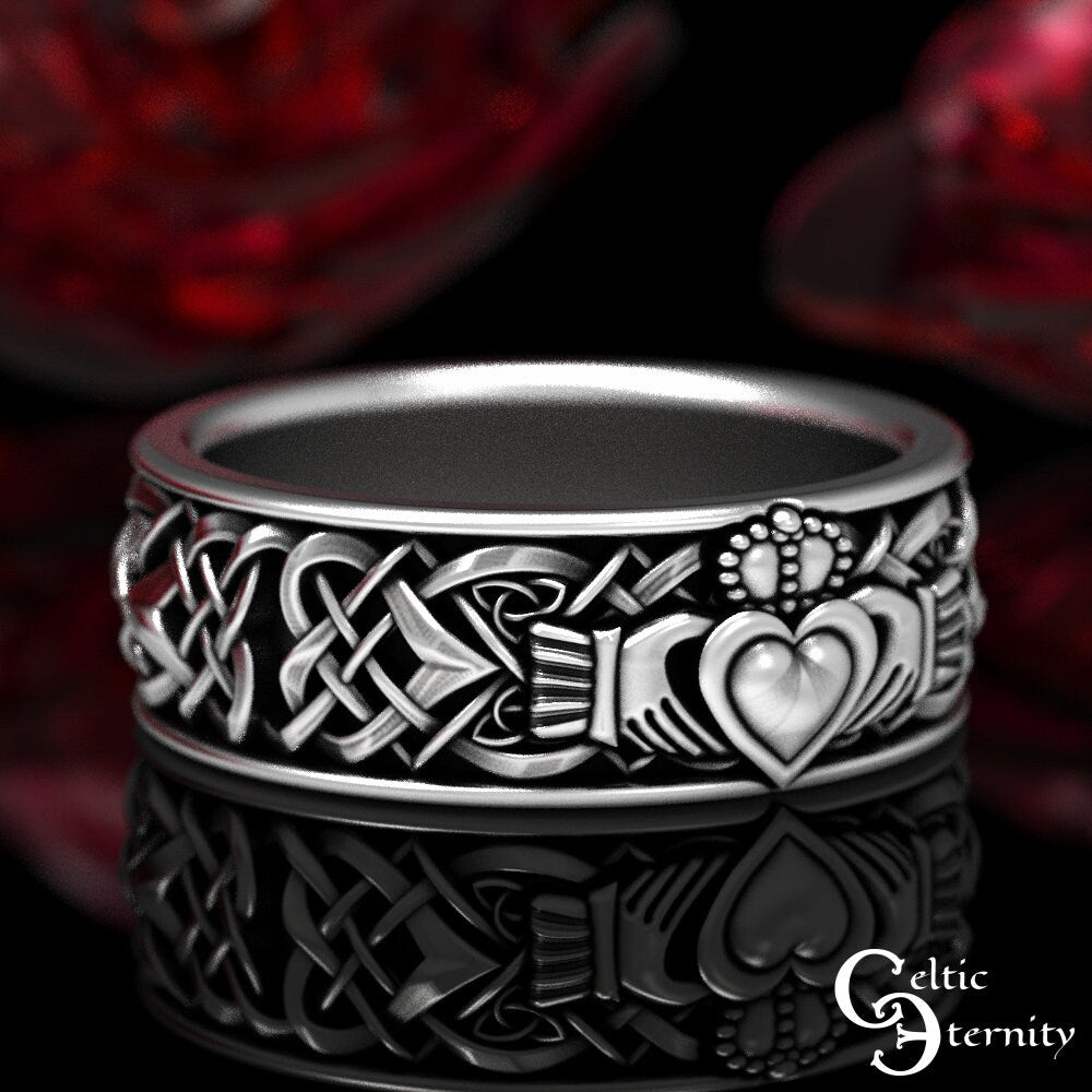 Sterling Silver Claddagh Ring Set, His Hers Claddagh Set, Matching Irish Heart Rings, Irish Wedding Band Set, Silver Claddagh, 1890 1891