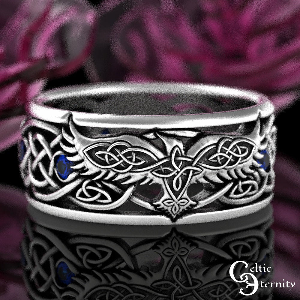 Sterling Sapphire Raven Ring, Mens Celtic Wedding Band, Norse Wedding Ring, Viking Wedding Band, Viking Jewelry, Silver Raven Jewelry, 9728