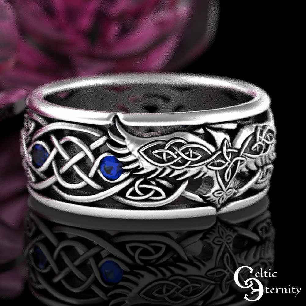 Sterling Sapphire Raven Ring, Mens Celtic Wedding Band, Norse Wedding Ring, Viking Wedding Band, Viking Jewelry, Silver Raven Jewelry, 9728