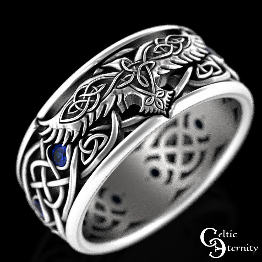 Sterling Sapphire Raven Ring, Mens Celtic Wedding Band, Norse Wedding Ring, Viking Wedding Band, Viking Jewelry, Silver Raven Jewelry, 9728