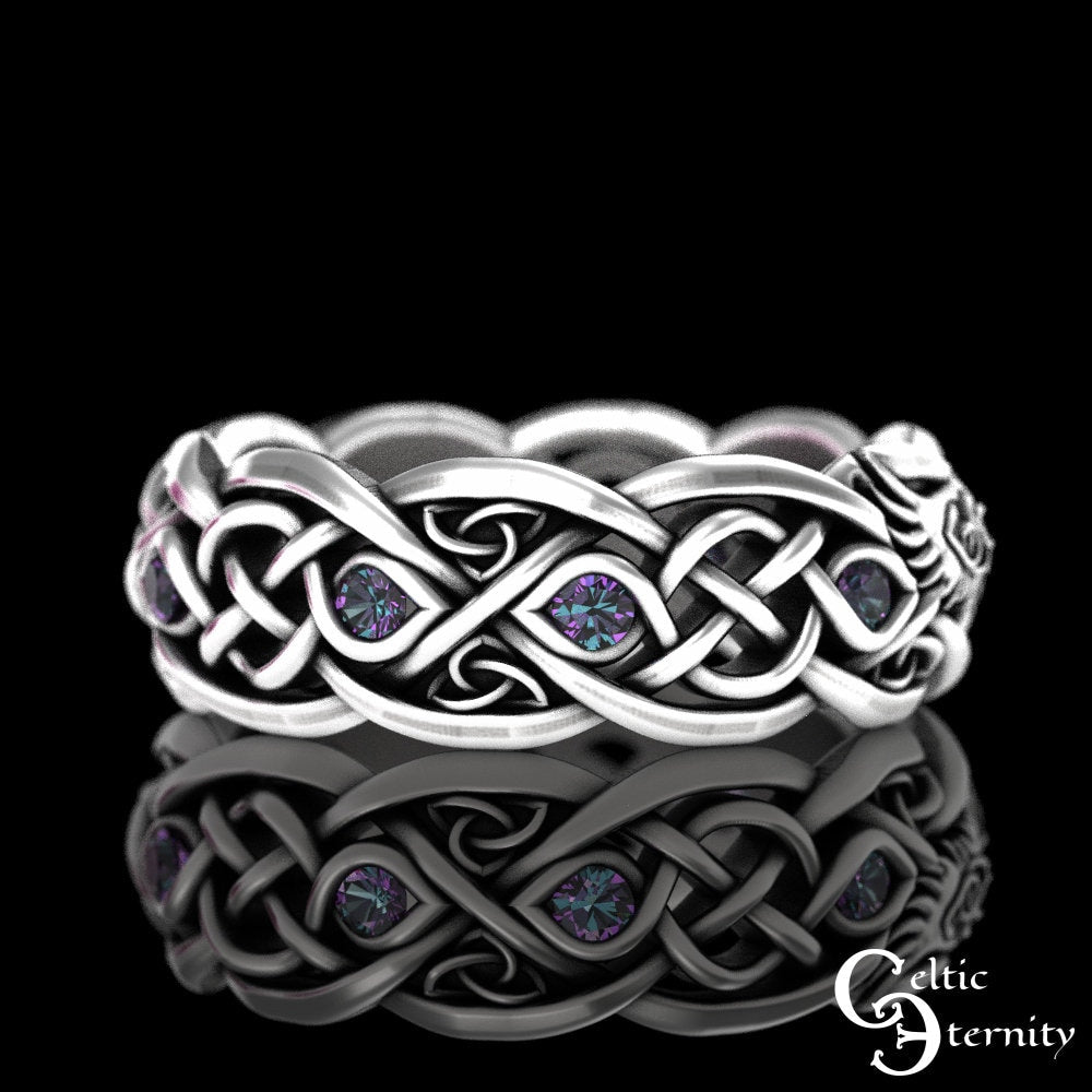 Sterling Silver Raven Wedding Ring, Alexandrite Womens Ring, Viking Raven Ring, Womens Raven Wedding Band, Celtic Raven Wedding Ring, 4728