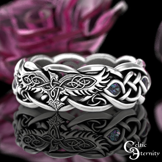 Sterling Silver Raven Wedding Ring, Alexandrite Womens Ring, Viking Raven Ring, Womens Raven Wedding Band, Celtic Raven Wedding Ring, 4728