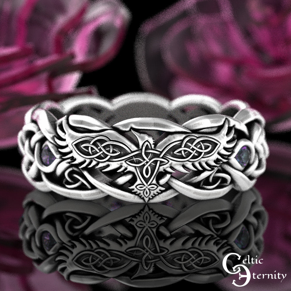 Sterling Silver Raven Wedding Ring, Alexandrite Womens Ring, Viking Raven Ring, Womens Raven Wedding Band, Celtic Raven Wedding Ring, 4728