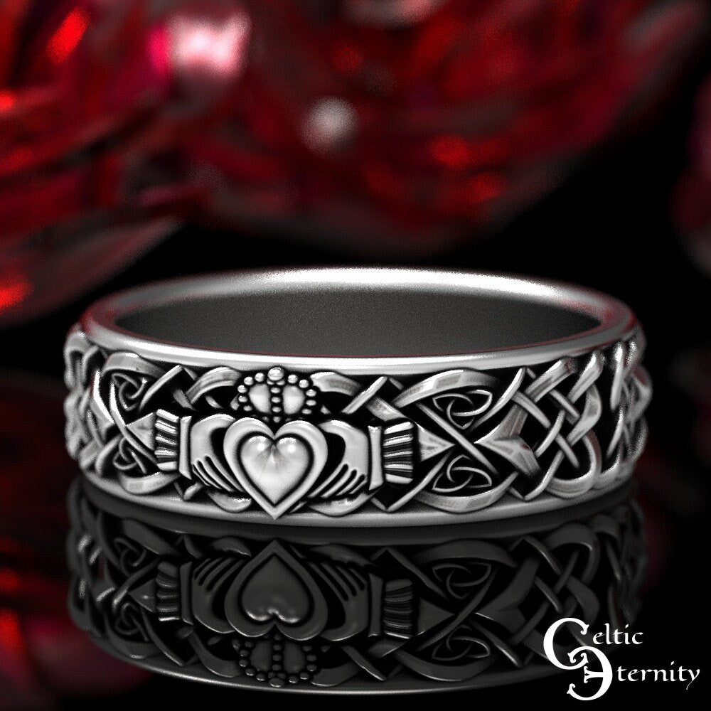 Sterling Silver Claddagh Ring Set, His Hers Claddagh Set, Matching Irish Heart Rings, Irish Wedding Band Set, Silver Claddagh, 1890 1891