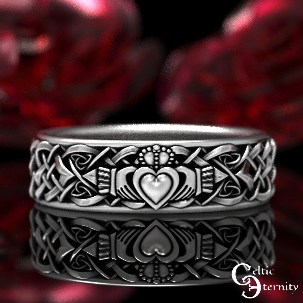 Sterling Silver Claddagh Ring Set, His Hers Claddagh Set, Matching Irish Heart Rings, Irish Wedding Band Set, Silver Claddagh, 1890 1891