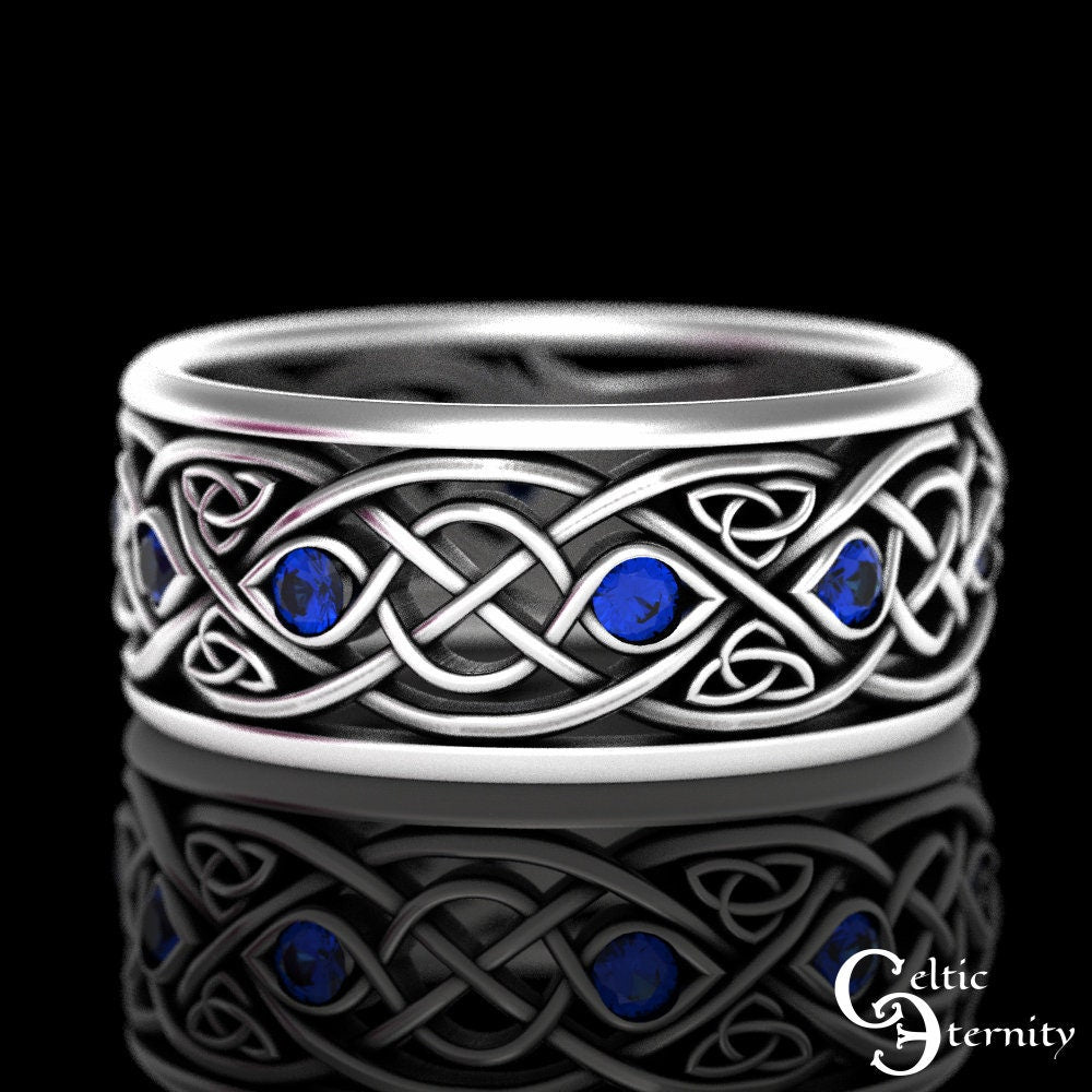 Sterling Sapphire Raven Ring, Mens Celtic Wedding Band, Norse Wedding Ring, Viking Wedding Band, Viking Jewelry, Silver Raven Jewelry, 9728