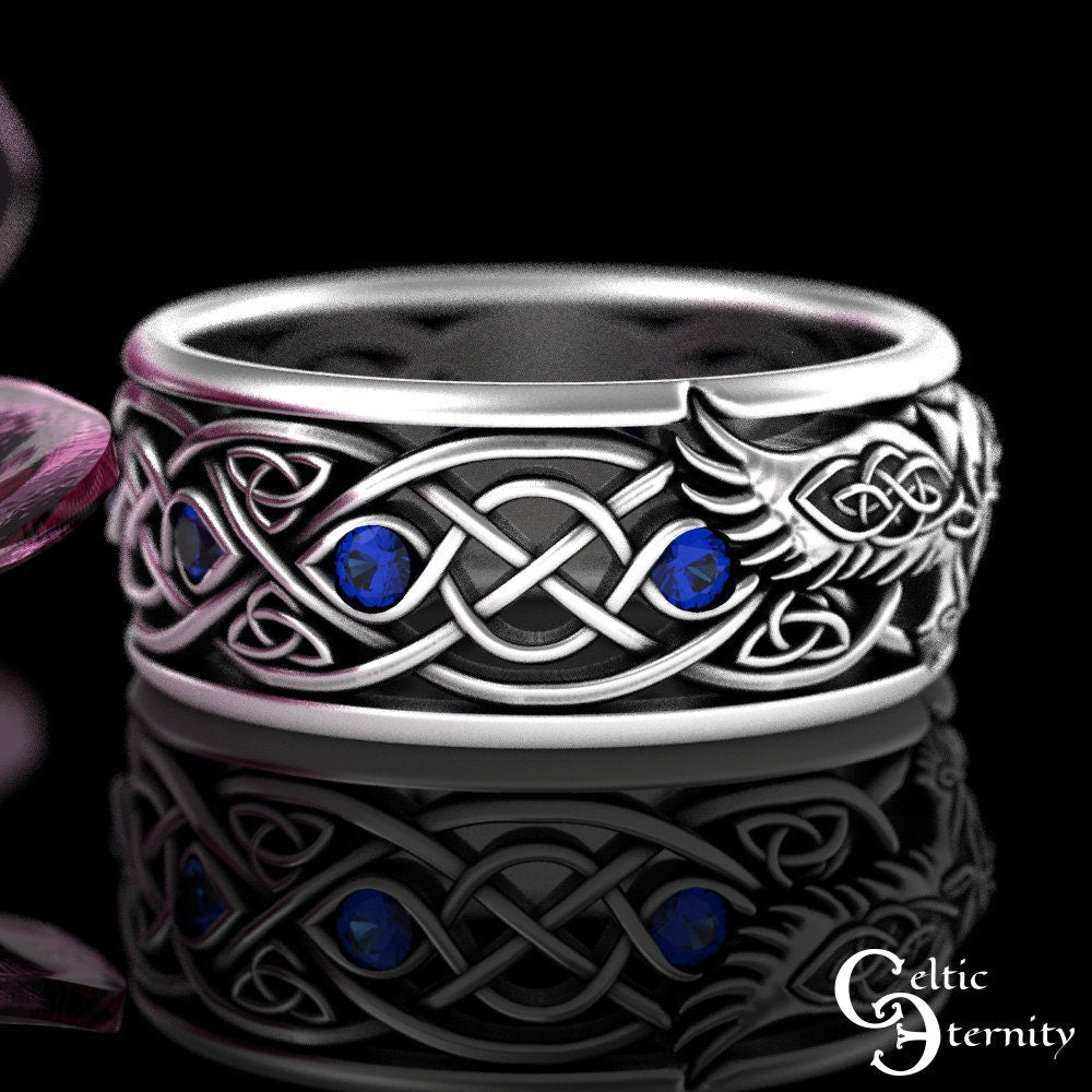 Sterling Sapphire Raven Ring, Mens Celtic Wedding Band, Norse Wedding Ring, Viking Wedding Band, Viking Jewelry, Silver Raven Jewelry, 9728