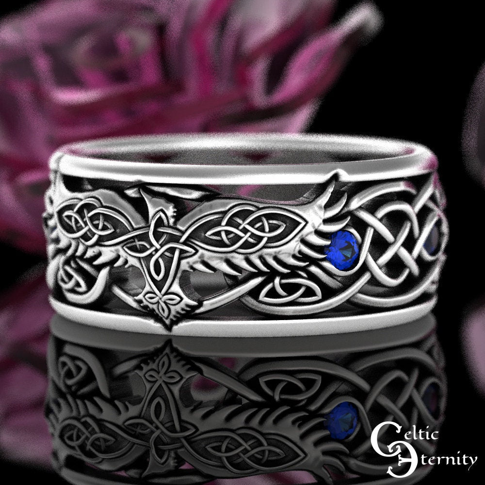 Sterling Sapphire Raven Ring, Mens Celtic Wedding Band, Norse Wedding Ring, Viking Wedding Band, Viking Jewelry, Silver Raven Jewelry, 9728