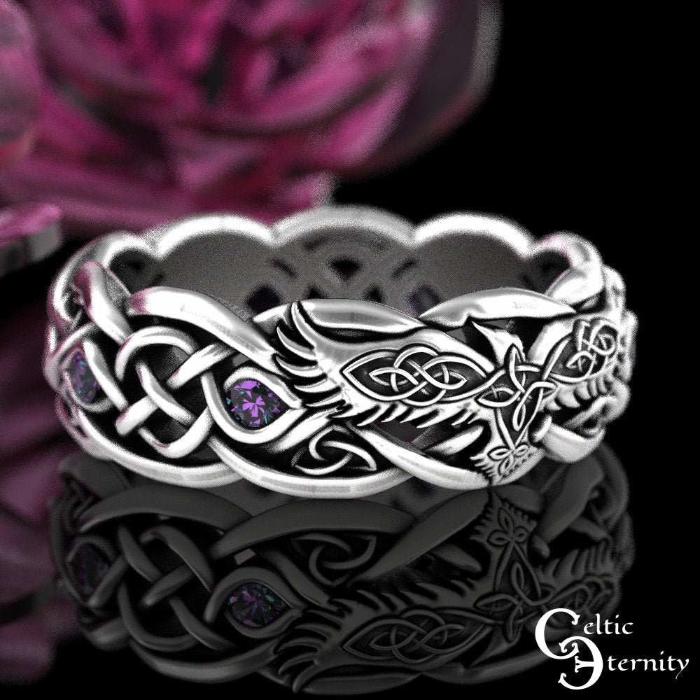 Sterling Silver Raven Wedding Ring, Alexandrite Womens Ring, Viking Raven Ring, Womens Raven Wedding Band, Celtic Raven Wedding Ring, 4728