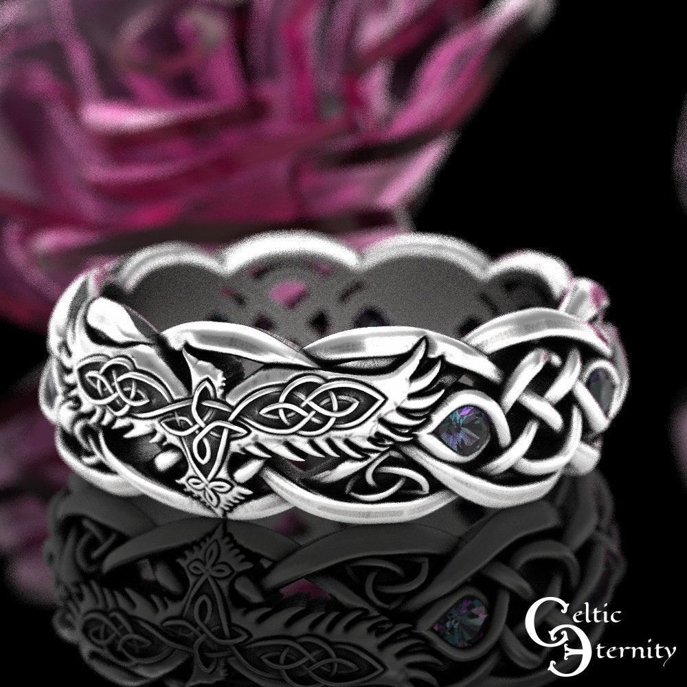 Sterling Silver Raven Wedding Ring, Alexandrite Womens Ring, Viking Raven Ring, Womens Raven Wedding Band, Celtic Raven Wedding Ring, 4728