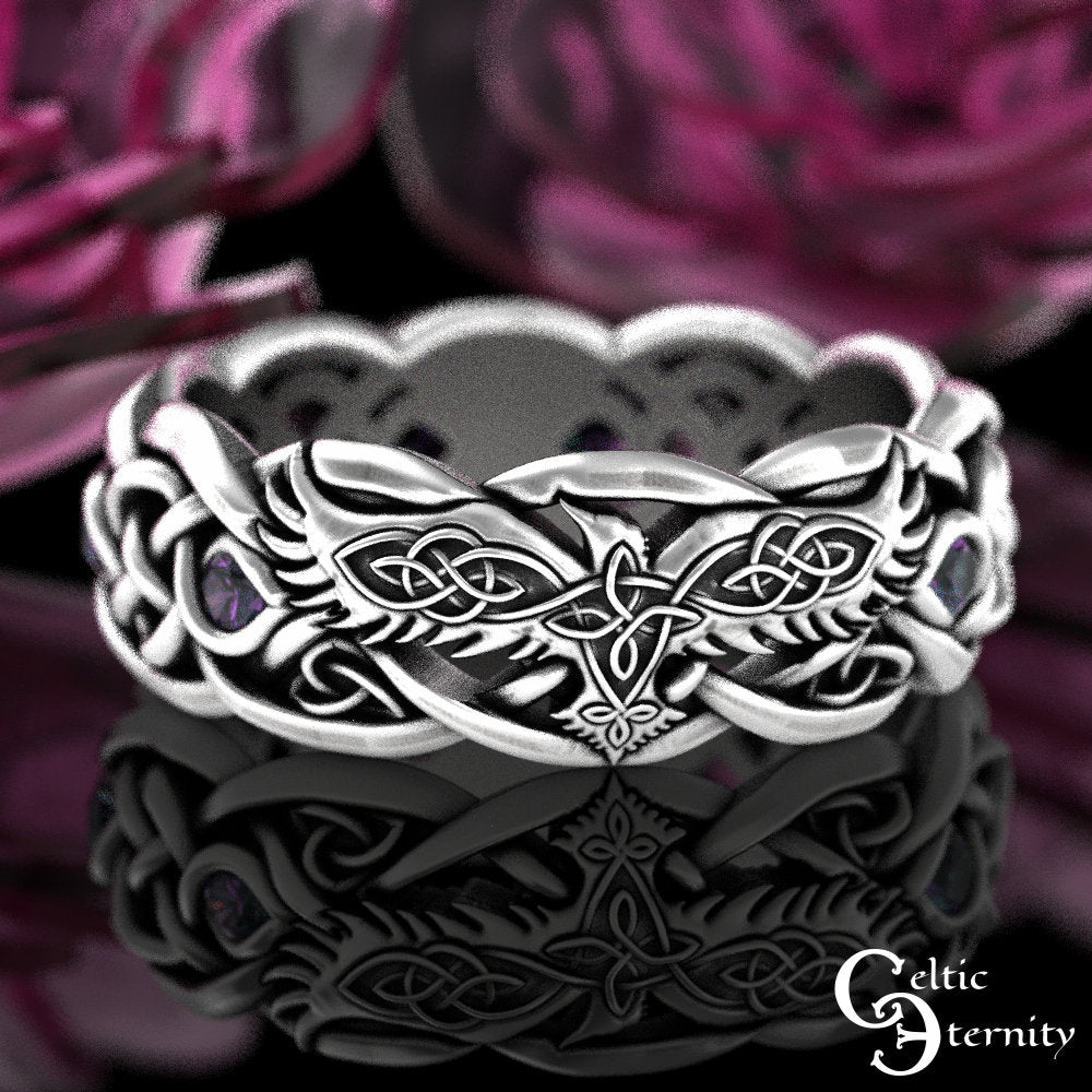 Sterling Silver Raven Wedding Ring, Alexandrite Womens Ring, Viking Raven Ring, Womens Raven Wedding Band, Celtic Raven Wedding Ring, 4728