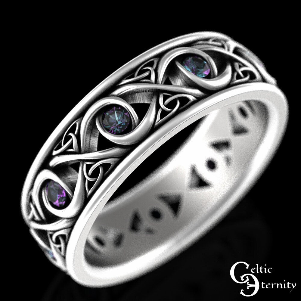 Mens Alexandrite Ring, Mens Alexandrite Wedding Ring, Mens Sterling Alexandrite Ring, Mens Silver Celtic Wedding Band, Celtic Ring, 1410