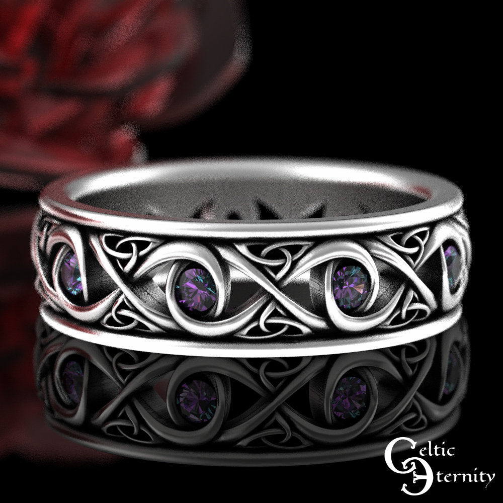 Mens Alexandrite Ring, Mens Alexandrite Wedding Ring, Mens Sterling Alexandrite Ring, Mens Silver Celtic Wedding Band, Celtic Ring, 1410