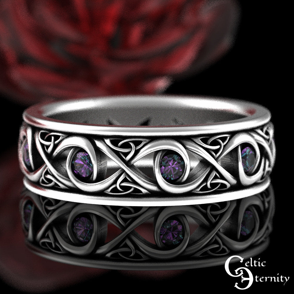 Mens Alexandrite Ring, Mens Alexandrite Wedding Ring, Mens Sterling Alexandrite Ring, Mens Silver Celtic Wedding Band, Celtic Ring, 1410