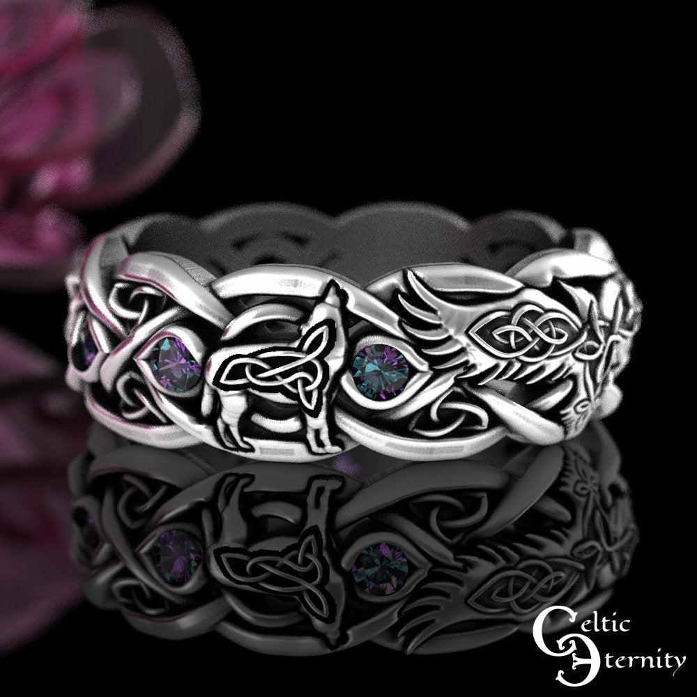 Alexandrite Raven & Wolves Wedding Ring, Alexandrite Womens Wedding Band, Sterling Viking Ring, Viking Raven Ring, Raven Wedding Ring, 4696