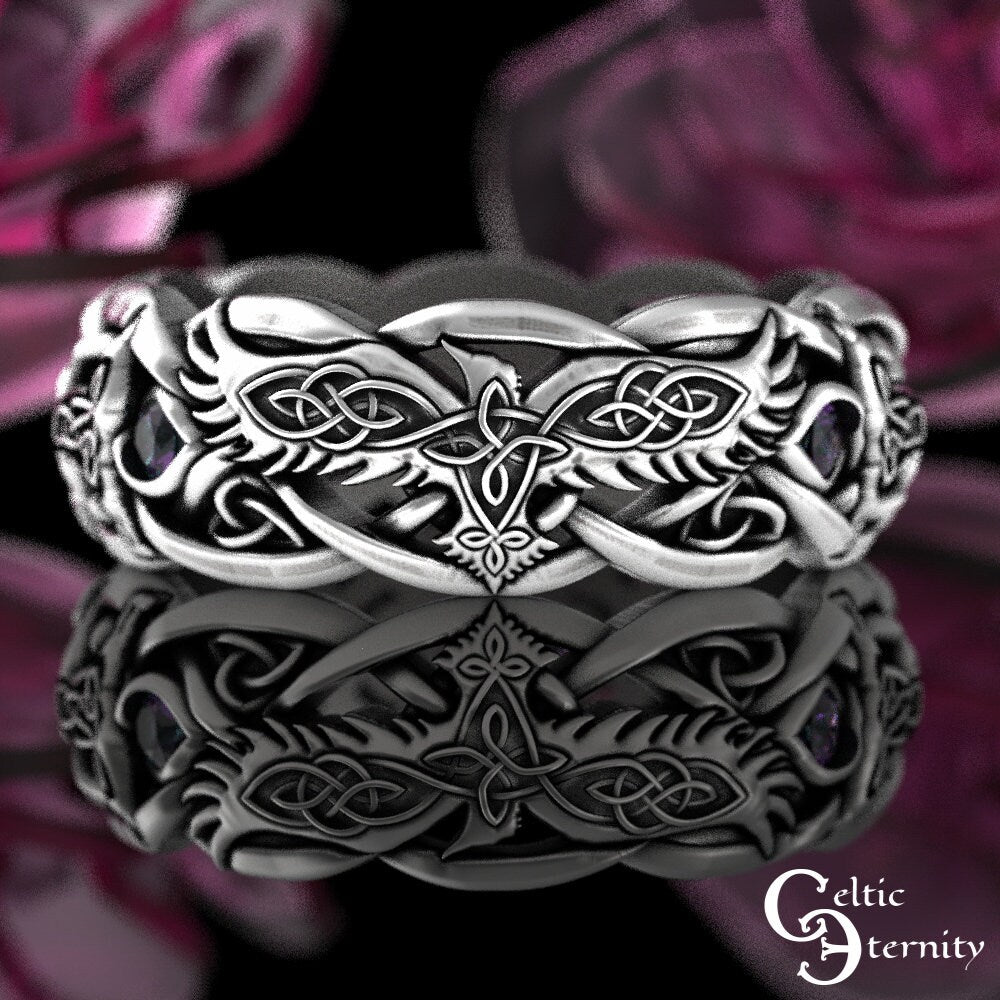 Alexandrite Raven & Wolves Wedding Ring, Alexandrite Womens Wedding Band, Sterling Viking Ring, Viking Raven Ring, Raven Wedding Ring, 4696