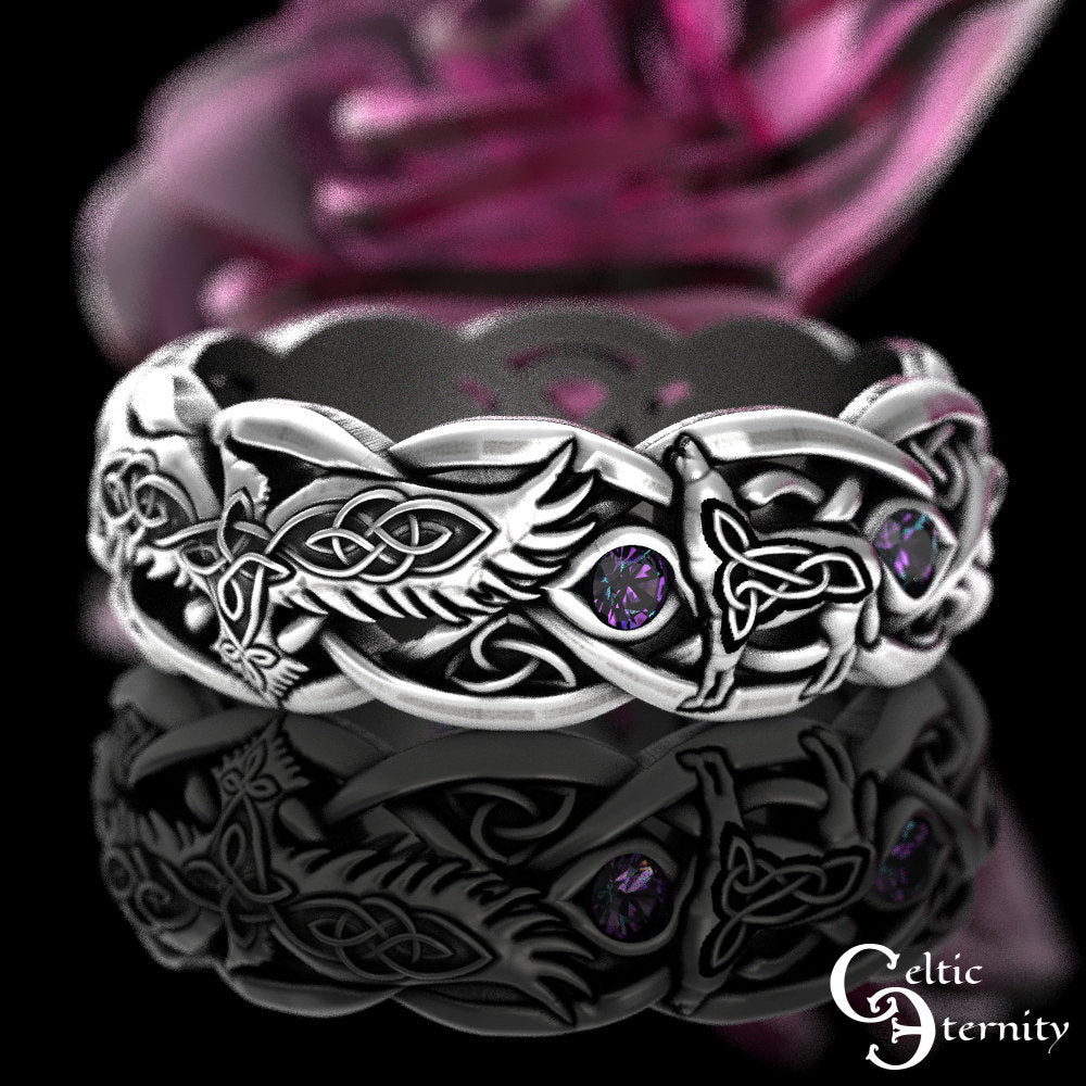 Alexandrite Raven & Wolves Wedding Ring, Alexandrite Womens Wedding Band, Sterling Viking Ring, Viking Raven Ring, Raven Wedding Ring, 4696