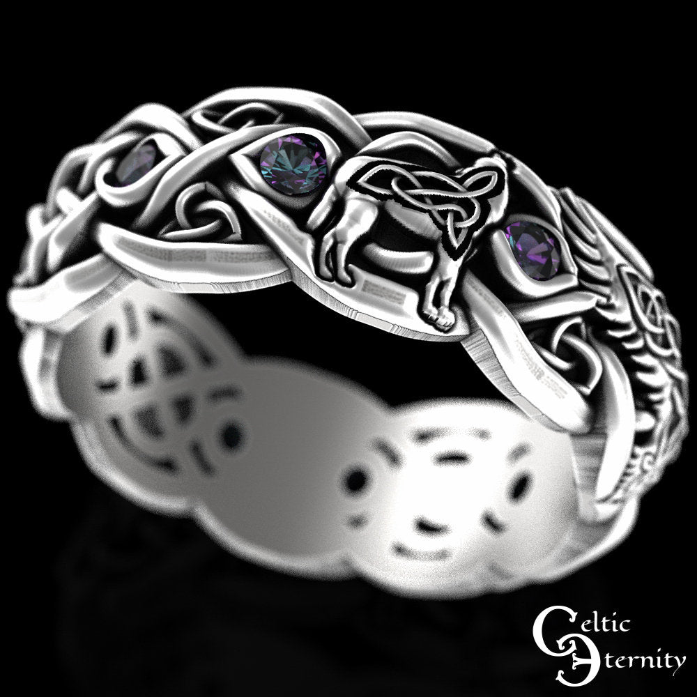 Alexandrite Raven & Wolves Wedding Ring, Alexandrite Womens Wedding Band, Sterling Viking Ring, Viking Raven Ring, Raven Wedding Ring, 4696