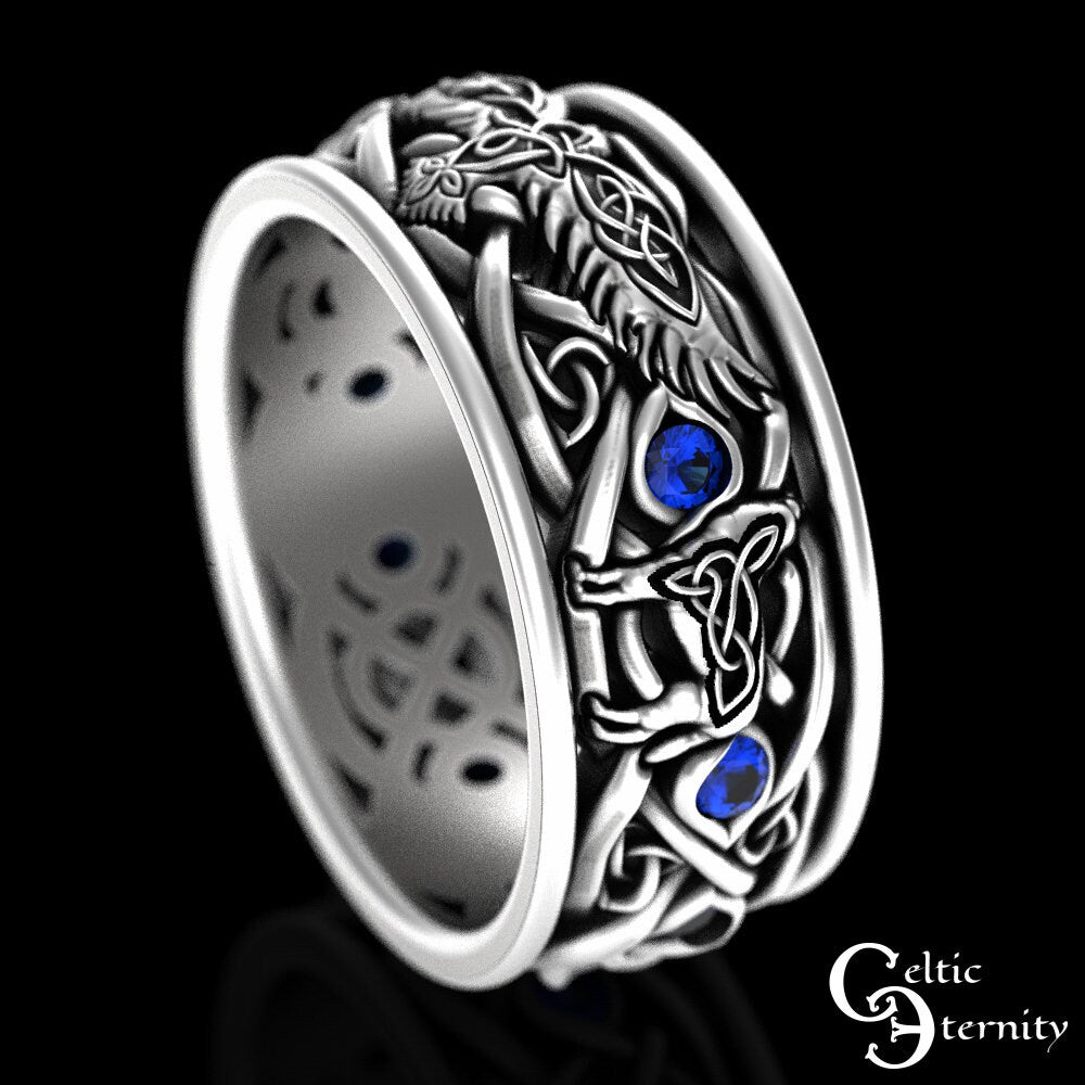 Sterling Raven Wolves Wedding Ring, Mens Wolf Wedding Ring, Sapphire Wolf Viking Ring, Viking Raven Ring, Silver Raven Wedding Ring, 4697