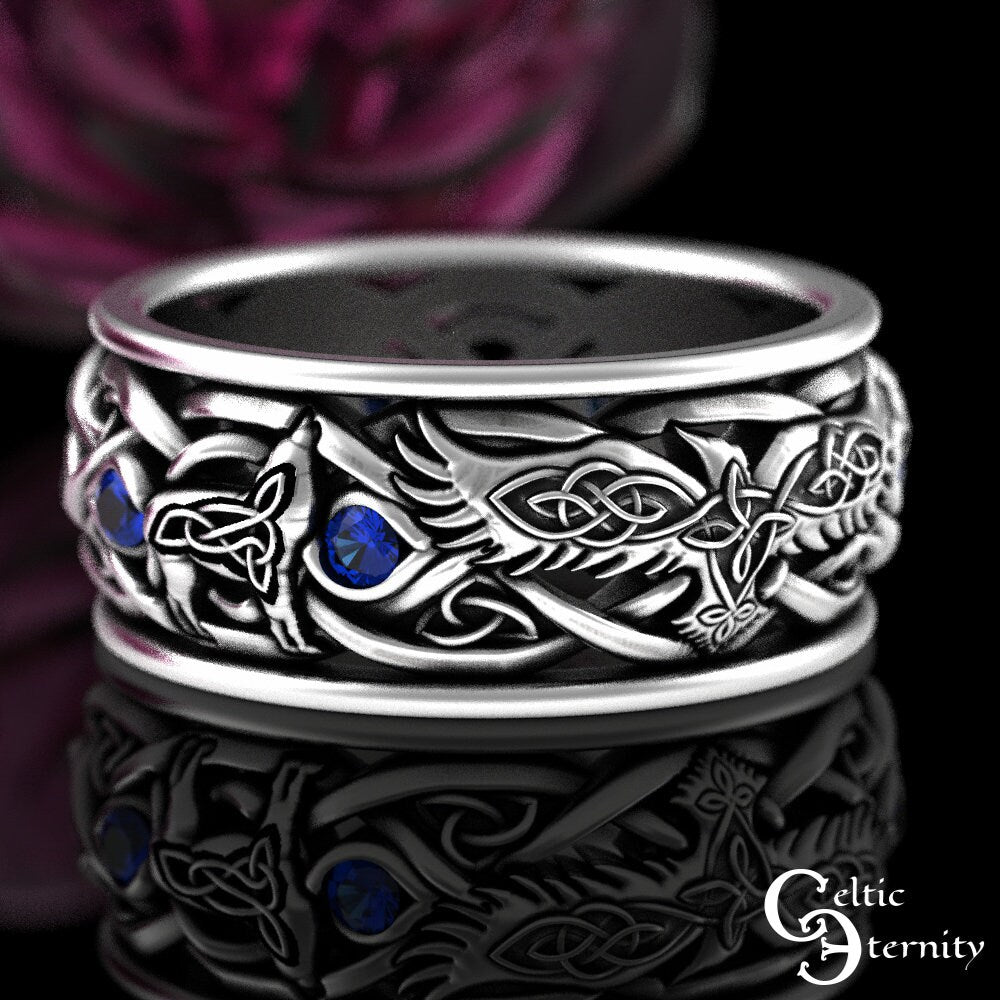 Sterling Raven Wolves Wedding Ring, Mens Wolf Wedding Ring, Sapphire Wolf Viking Ring, Viking Raven Ring, Silver Raven Wedding Ring, 4697