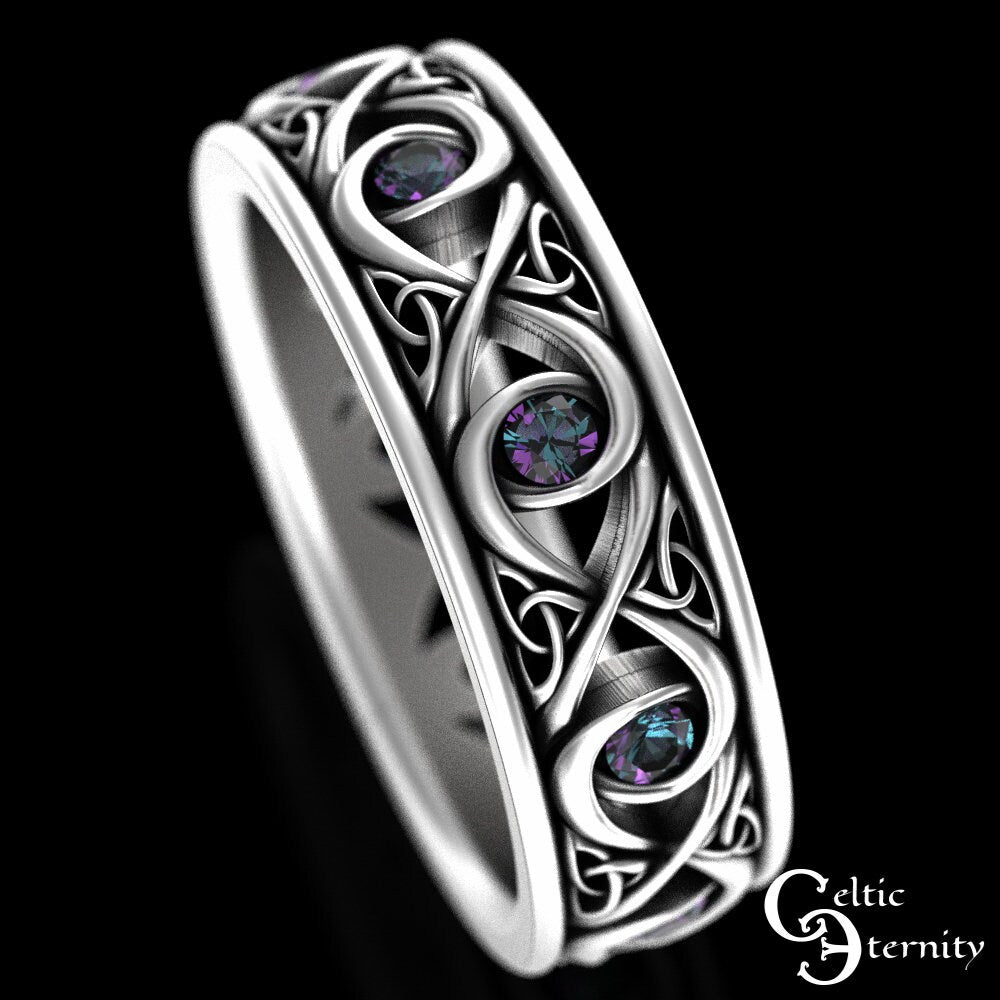 Mens Alexandrite Ring, Mens Alexandrite Wedding Ring, Mens Sterling Alexandrite Ring, Mens Silver Celtic Wedding Band, Celtic Ring, 1410