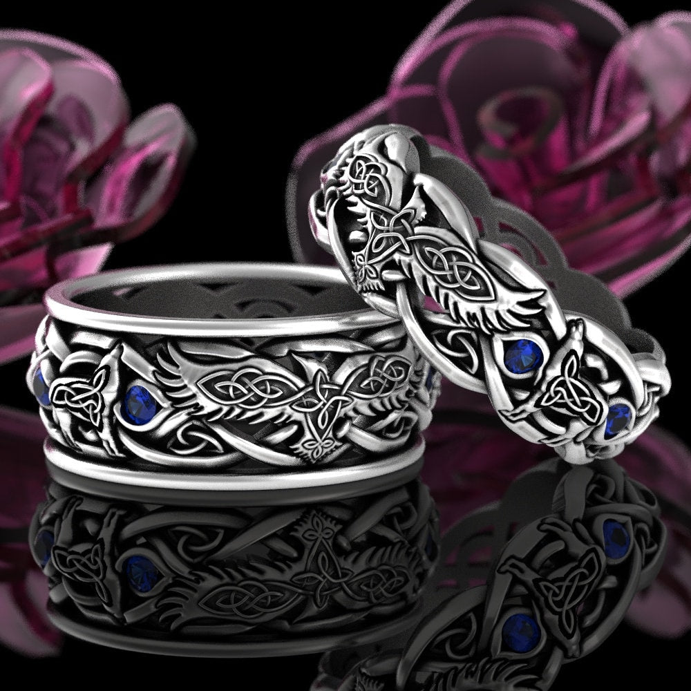 Alexandrite Raven & Wolves Wedding Ring, Alexandrite Womens Wedding Band, Sterling Viking Ring, Viking Raven Ring, Raven Wedding Ring, 4696