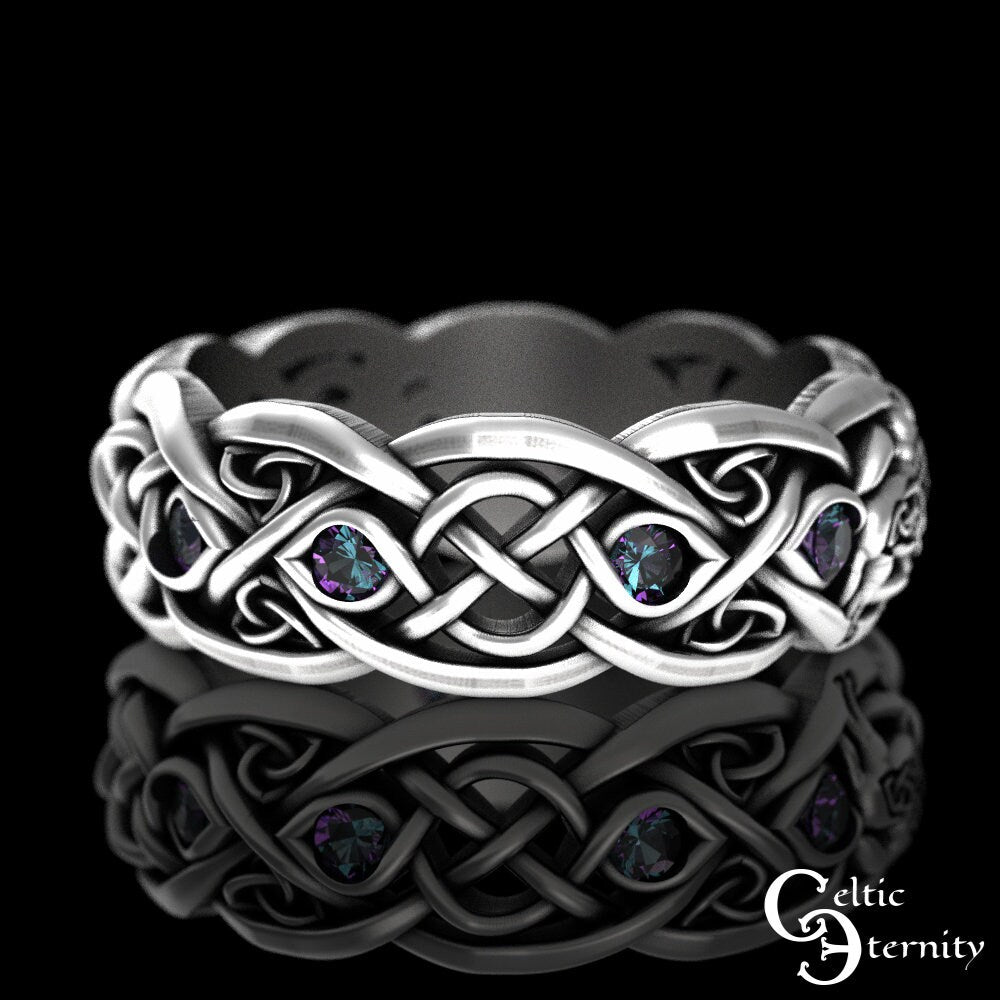 Alexandrite Raven & Wolves Wedding Ring, Alexandrite Womens Wedding Band, Sterling Viking Ring, Viking Raven Ring, Raven Wedding Ring, 4696