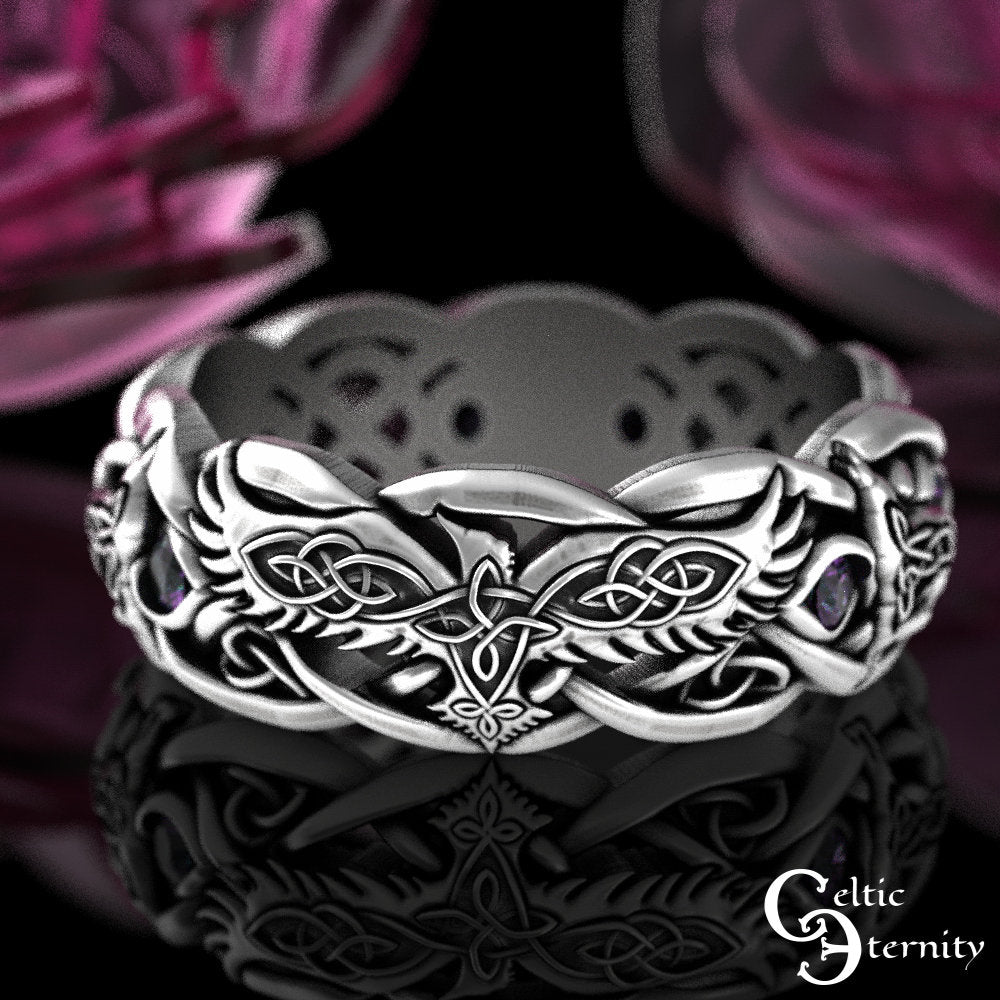 Alexandrite Raven & Wolves Wedding Ring, Alexandrite Womens Wedding Band, Sterling Viking Ring, Viking Raven Ring, Raven Wedding Ring, 4696