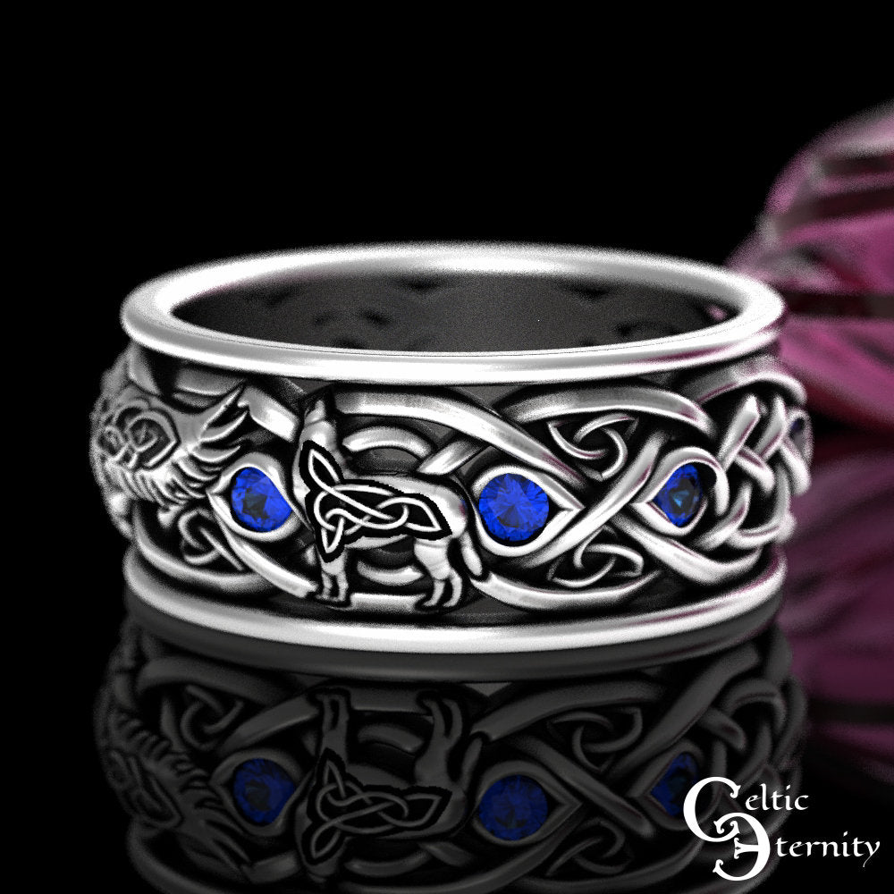Sterling Raven Wolves Wedding Ring, Mens Wolf Wedding Ring, Sapphire Wolf Viking Ring, Viking Raven Ring, Silver Raven Wedding Ring, 4697