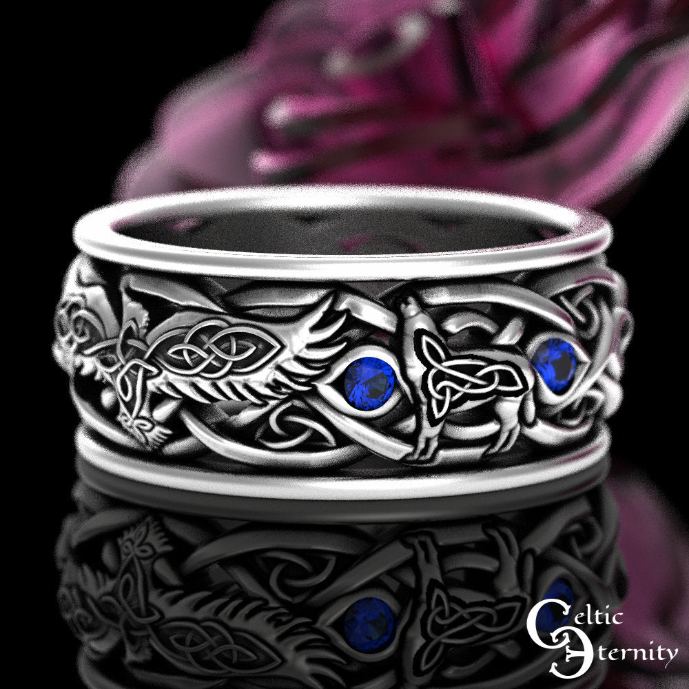 Sterling Raven Wolves Wedding Ring, Mens Wolf Wedding Ring, Sapphire Wolf Viking Ring, Viking Raven Ring, Silver Raven Wedding Ring, 4697