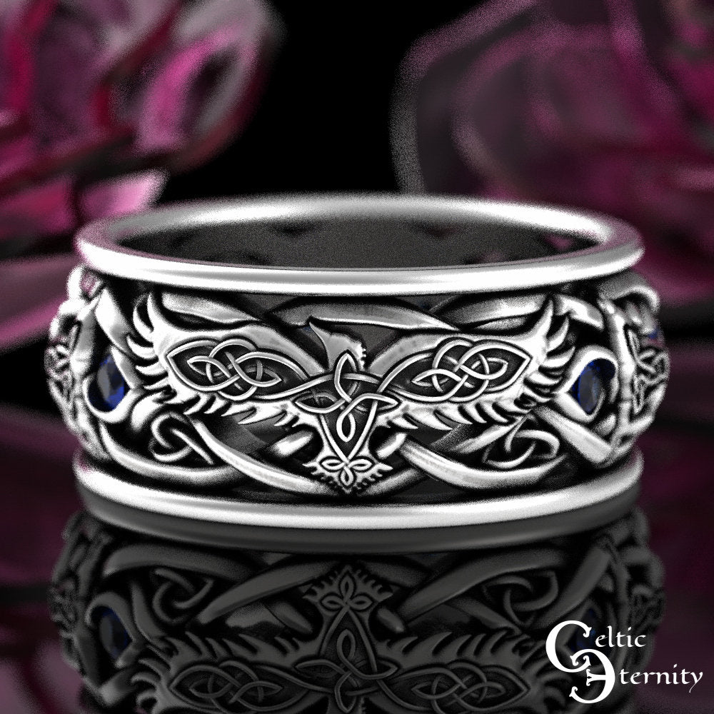 Sterling Raven Wolves Wedding Ring, Mens Wolf Wedding Ring, Sapphire Wolf Viking Ring, Viking Raven Ring, Silver Raven Wedding Ring, 4697